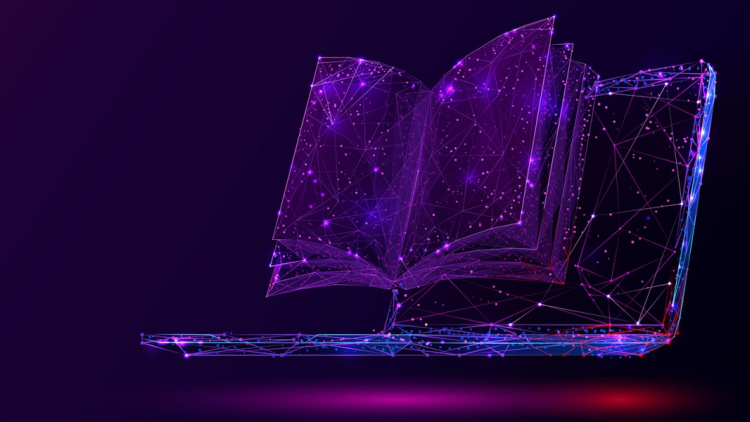 Computer and books pixels