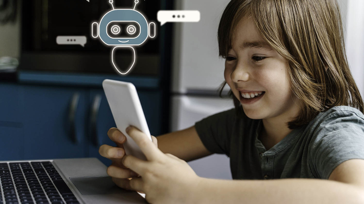 Smiling child looking at a phone with chatbot illustration