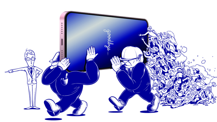 Illustration of men carrying away cellphone