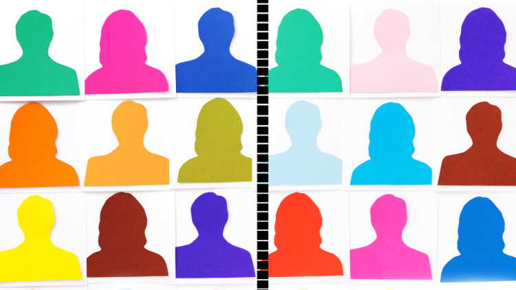 Bright-colored silhouettes on 2 sides of dividing line